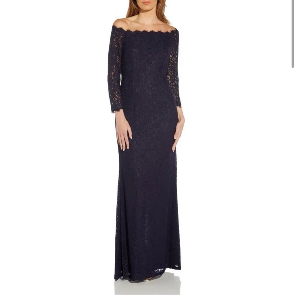 Adrianna Papell Navy Off-Shoulder Lace Long-Sleeve Gown NWT